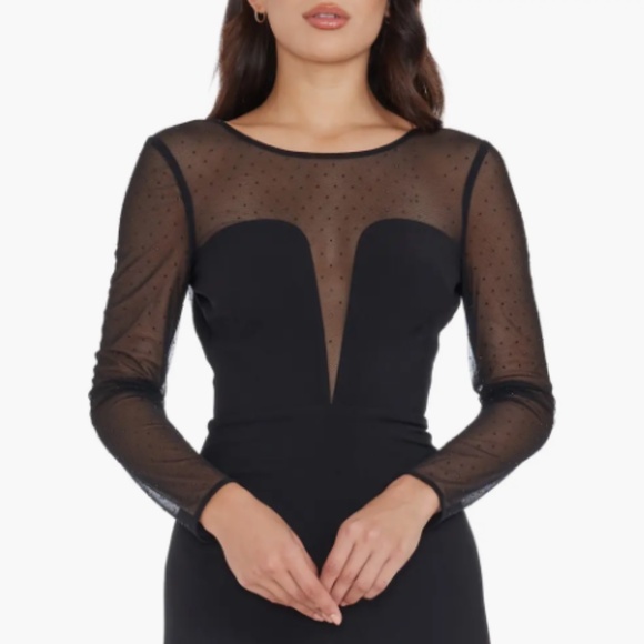 NEW DRESS THE POPULATION Black VAL Rhinestone ILLUSION MESH L/S Mermaid GOWN XS - Picture 2 of 13